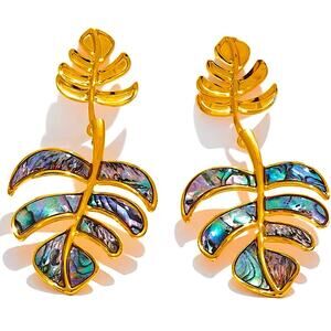 Boho Gold Iridescent Leaf Earrings Stainless Steel Gold Plated